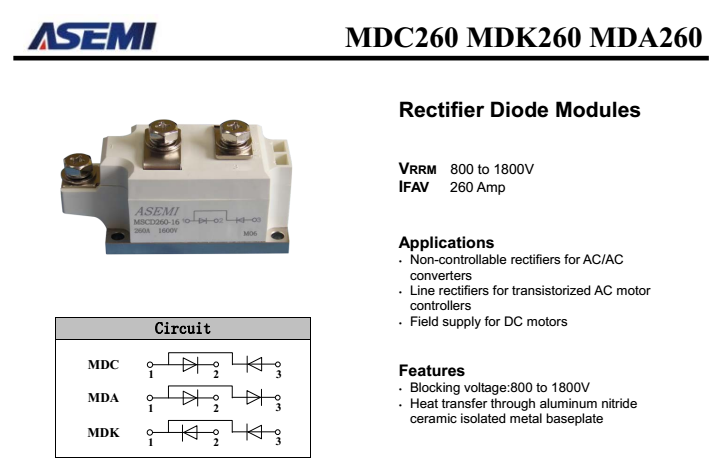 MDC260-16，MDA260，MDK260规格书PDF参数下载