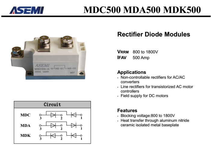 MDC500-16，MDA500，MDK500规格书PDF参数下载
