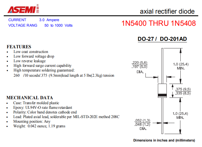 1N5408/1N5407/1N5406 ASEMI轴向插件整流二极管 PDF规格书资料