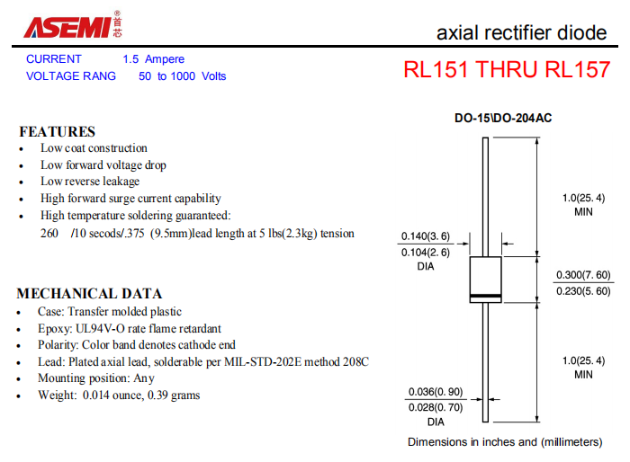 RL157/RL156/RL155 ASEMI轴向插件整流二极管 PDF规格书资料