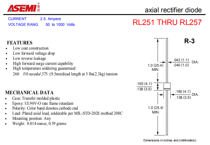 RL257/RL256/RL255 ASEMI轴向插件整流二极管 PDF规格书资料