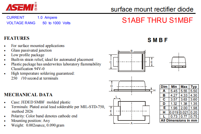 S1MBF/S1KBF/S1JBF ASEMI贴片整流二极管 PDF规格书资料