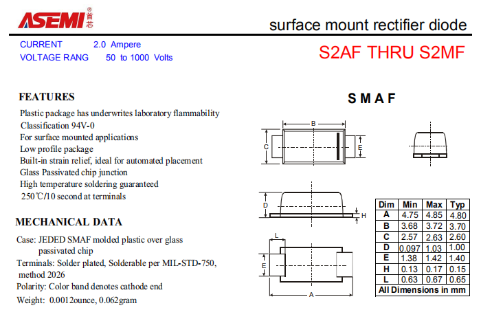 S2MF/S2KF/S2JF ASEMI贴片整流二极管 PDF规格书资料