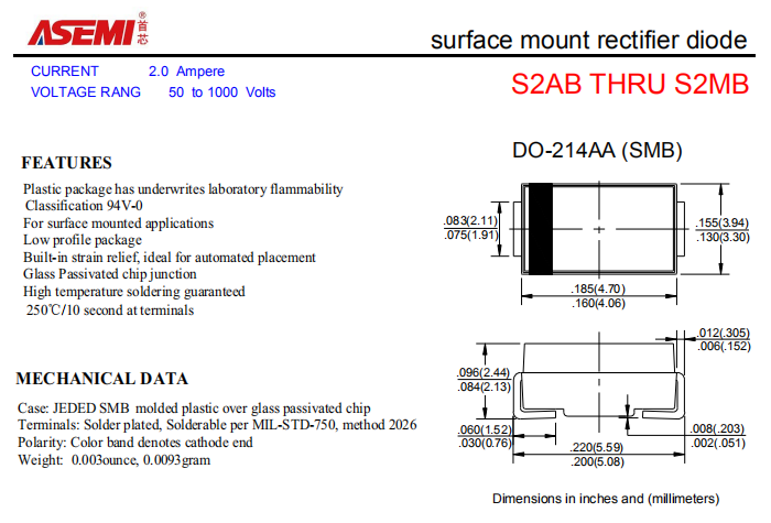 S2MB/S2KB/S2JB ASEMI贴片整流二极管 PDF规格书资料