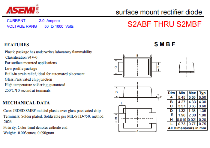 S2MBF/S2KBF/S2JBF ASEMI贴片整流二极管 PDF规格书资料