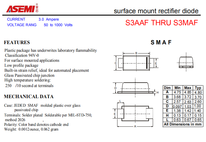 S3MAF/S3KAF/S3JAF ASEMI贴片整流二极管 PDF规格书资料