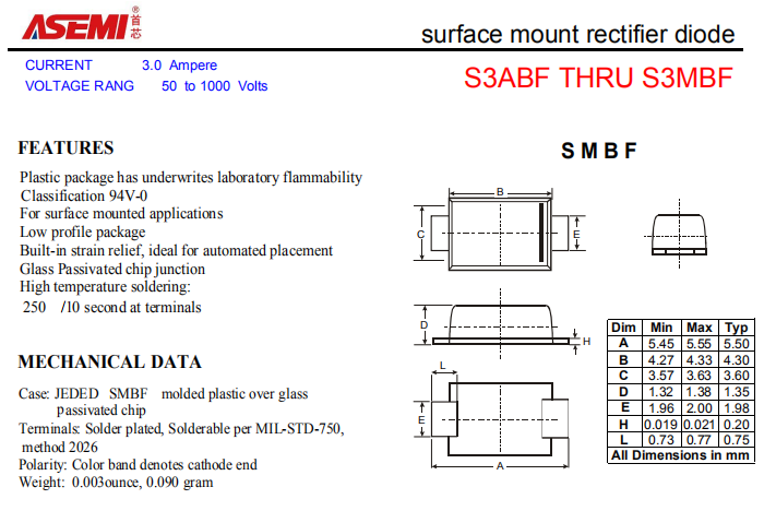 S3MBF/S3KBF/S3JBF ASEMI贴片整流二极管 PDF规格书资料