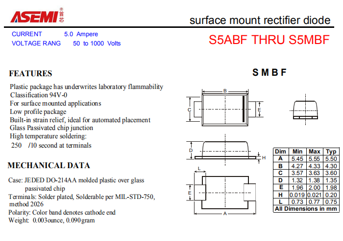 S5MBF/S5KBF/S5JBF ASEMI贴片整流二极管 PDF规格书资料