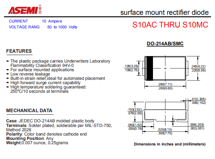 S10MC/S10KC/S10JC ASEMI贴片整流二极管 PDF规格书资料