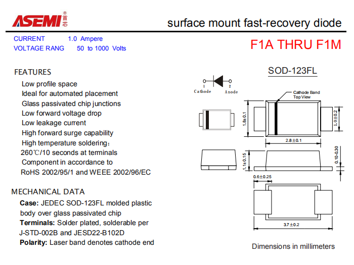 F1M/F1K/F1J ASEMI贴片快速恢复二极管 PDF规格书资料