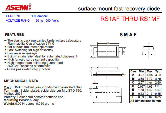 RS1MF/RS1KF/RS1JF ASEMI贴片快速恢复二极管 PDF规格书资料