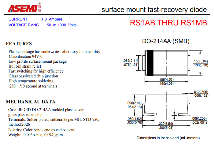 RS1MB/RS1KB/RS1JB ASEMI贴片快速恢复二极管 PDF规格书资料