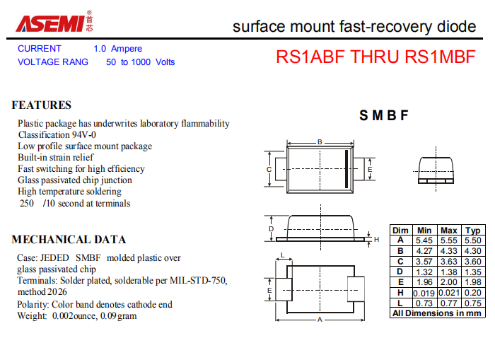 RS1MBF/RS1KBF/RS1JBF ASEMI贴片快速恢复二极管 PDF规格书资料