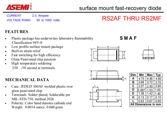RS2MF/RS2KF/RS2JF ASEMI贴片整流二极管 PDF规格书资料