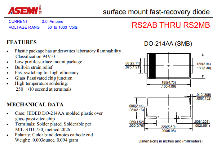 RS2MB/RS2KB/RS2JB ASEMI贴片快速恢复二极管 PDF规格书资料