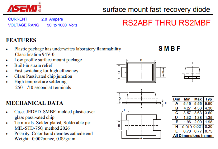 RS2MBF/RS2KBF/RS2JBF ASEMI贴片快速恢复二极管 PDF规格书资料