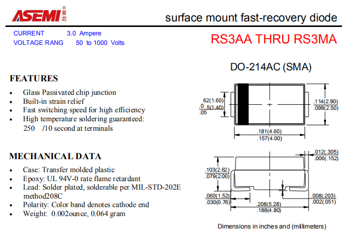 RS3MA/RS3KA/RS3JA ASEMI贴片快速恢复二极管 PDF规格书资料
