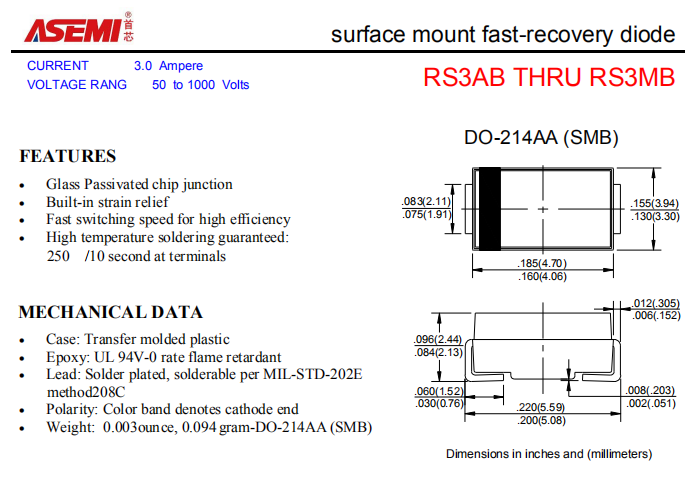 RS3MB/RS3KB/RS3JB ASEMI贴片快速恢复二极管 PDF规格书资料