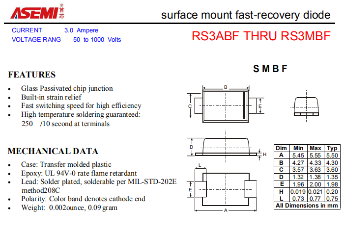 RS3MBF/RS3KBF/RS3JBF ASEMI贴片快速恢复二极管 PDF规格书资料