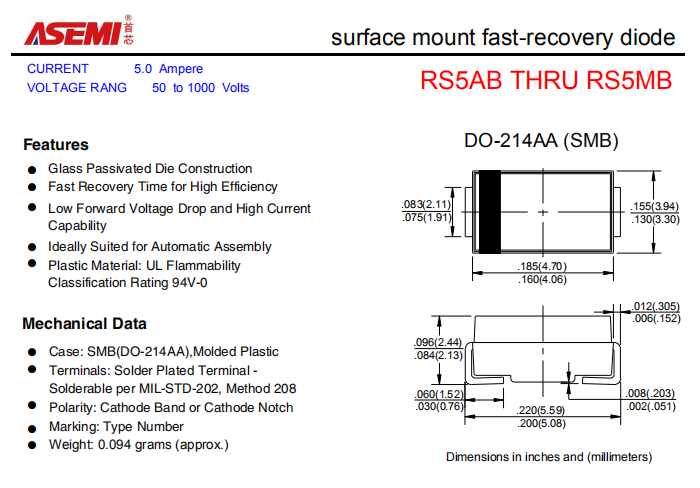 RS5MB/RS5KB/RS5JB ASEMI贴片快速恢复二极管 PDF规格书资料