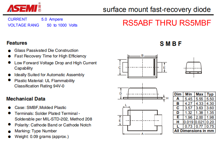 RS5MBF/RS5KBF/RS5JBF ASEMI贴片快速恢复二极管 PDF规格书资料