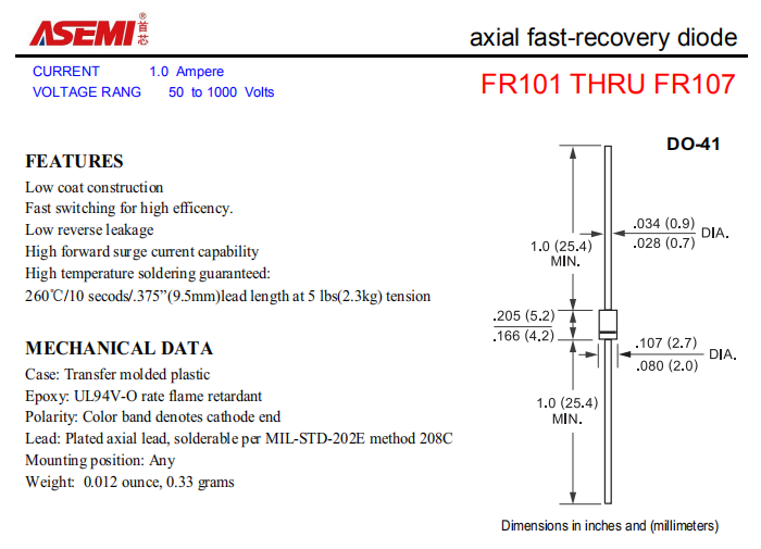 FR107/FR106/FR105/FR104 ASEMI轴向插件快速恢复二极管 PDF规格书资料