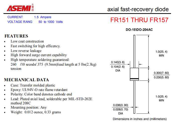 FR157/FR156/FR155/FR154 ASEMI轴向插件快速恢复二极管 PDF规格书资料