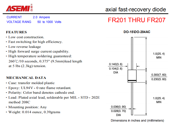 FR207/FR206/FR205/FR204 ASEMI轴向插件快速恢复二极管 PDF规格书资料