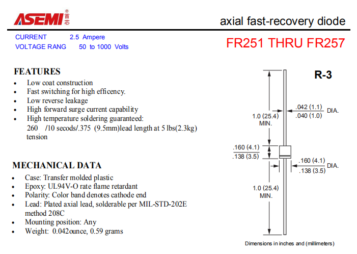 FR257/FR256/FR255/FR254 ASEMI轴向插件快速恢复二极管 PDF规格书资料