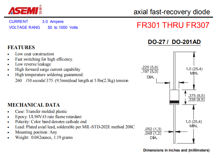 FR307/FR306/FR305/FR304 ASEMI轴向插件快速恢复二极管 PDF规格书资料