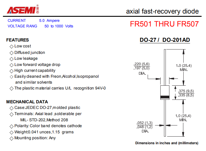 FR507/FR506/FR505/FR504 ASEMI轴向插件快速恢复二极管 PDF规格书资料