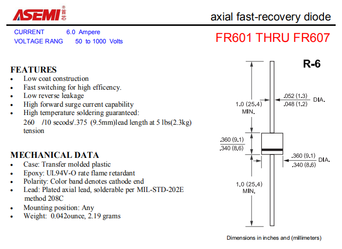 FR607/FR606/FR605/FR604 ASEMI轴向插件快速恢复二极管 PDF规格书资料