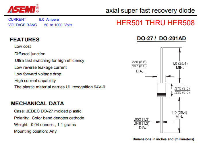HER508/HER507/HER506/HER505 ASEMI轴向高效恢复二极管 PDF规格书资料