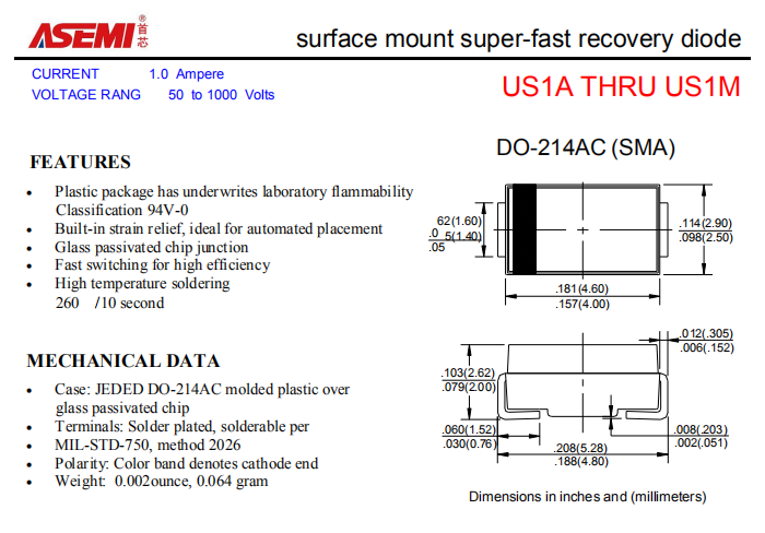 US1M/US1K/US1J/US1G ASEMI贴片高效恢复二极管 PDF规格书资料