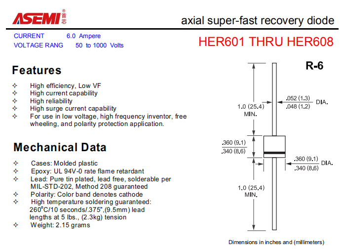 HER608/HER607/HER606/HER605 ASEMI轴向高效恢复二极管 PDF规格书资料