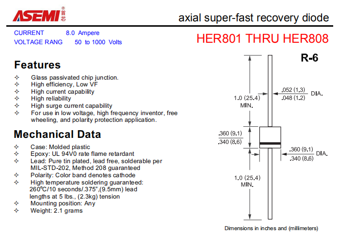 HER808/HER807/HER806/HER805 ASEMI轴向高效恢复二极管 PDF规格书资料