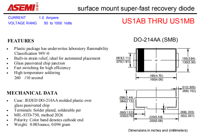 US1MB/US1KB/US1JB/US1GB ASEMI贴片高效恢复二极管 PDF规格书资料