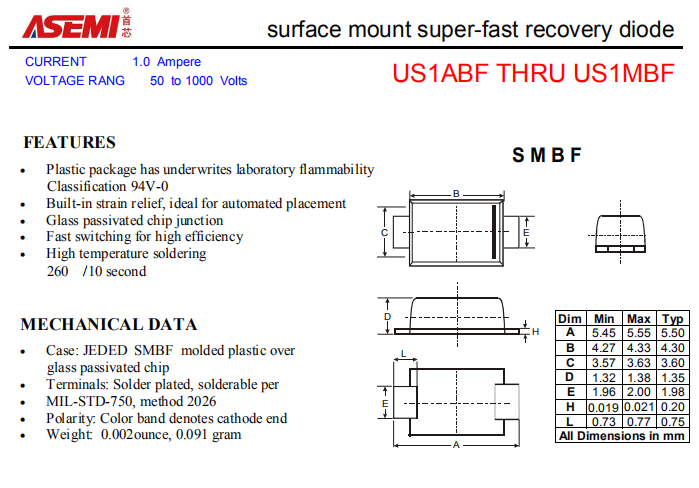 US1MBF/US1KBF/US1JBF/US1GBF ASEMI贴片高效恢复二极管 PDF规格书资料