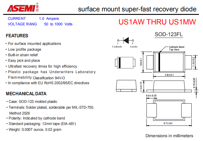 US1MW/US1KW/US1JW/US1GW ASEMI贴片高效恢复二极管 PDF规格书资料