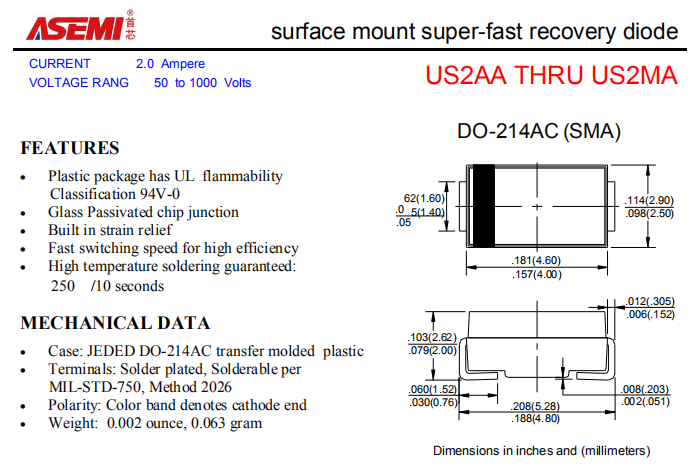 US2MA/US2KA/US2JA/US2GA ASEMI贴片高效恢复二极管 PDF规格书资料
