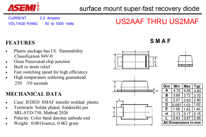 US2MAF/US2KAF/US2JAF/US2GAF ASEMI贴片高效恢复二极管 PDF规格书资料