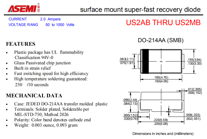 US2MB/US2KB/US2JB/US2GB ASEMI贴片高效恢复二极管 PDF规格书资料
