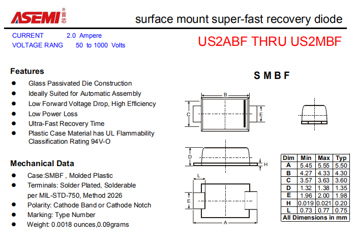US2MBF/US2KBF/US2JBF/US2GBF ASEMI贴片高效恢复二极管 PDF规格书资料