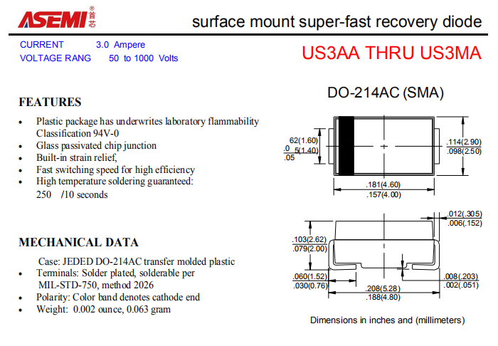 US3MA/US3KA/US3JA/US3GA ASEMI贴片高效恢复二极管 PDF规格书资料