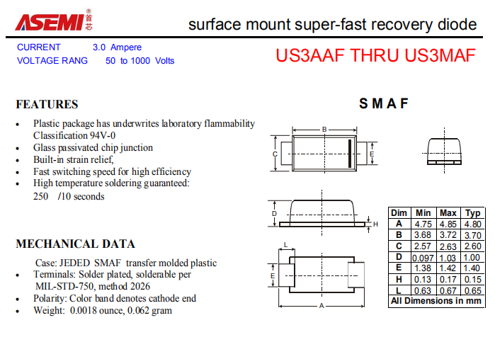 US3MAF/US3KAF/US3JAF/US3GAF ASEMI贴片高效恢复二极管 PDF规格书资料