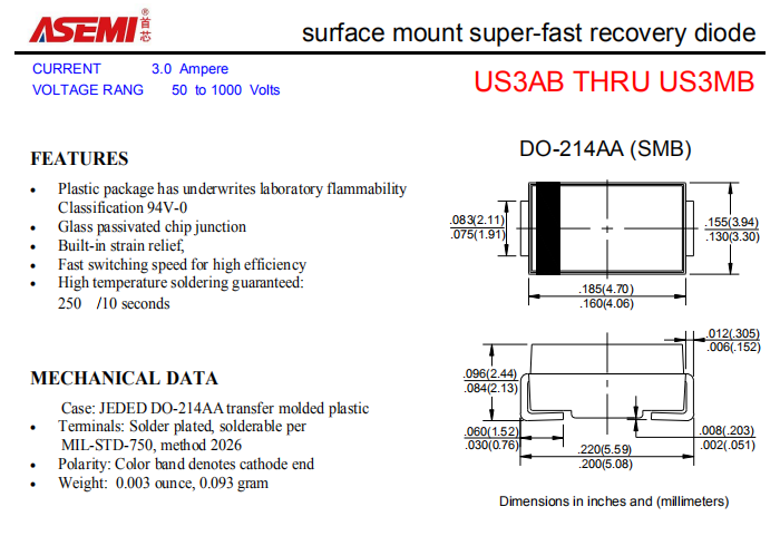 US3MB/US3KB/US3JB/US3GB ASEMI贴片高效恢复二极管 PDF规格书资料