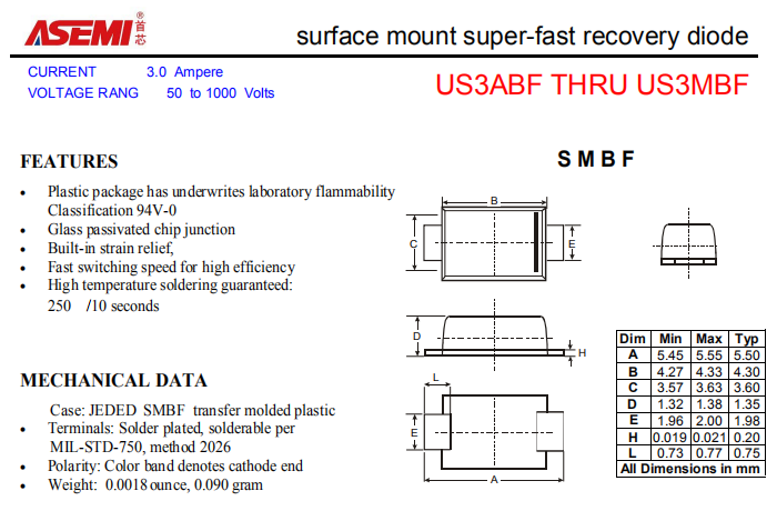 US3MBF/US3KBF/US3JBF/US3GBF ASEMI贴片高效恢复二极管 PDF规格书资料