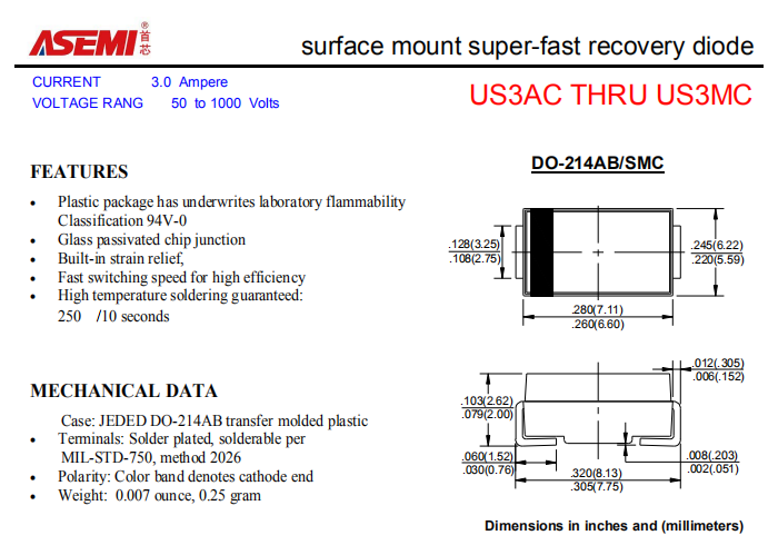 US3MC/US3KC/US3JC/US3GC ASEMI贴片高效恢复二极管 PDF规格书资料