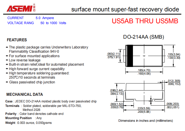 US5MB/US5KB/US5JB/US5GB ASEMI贴片高效恢复二极管 PDF规格书资料
