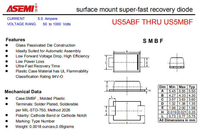 US5MBF/US5KBF/US5JBF/US5GBF ASEMI贴片高效恢复二极管 PDF规格书资料